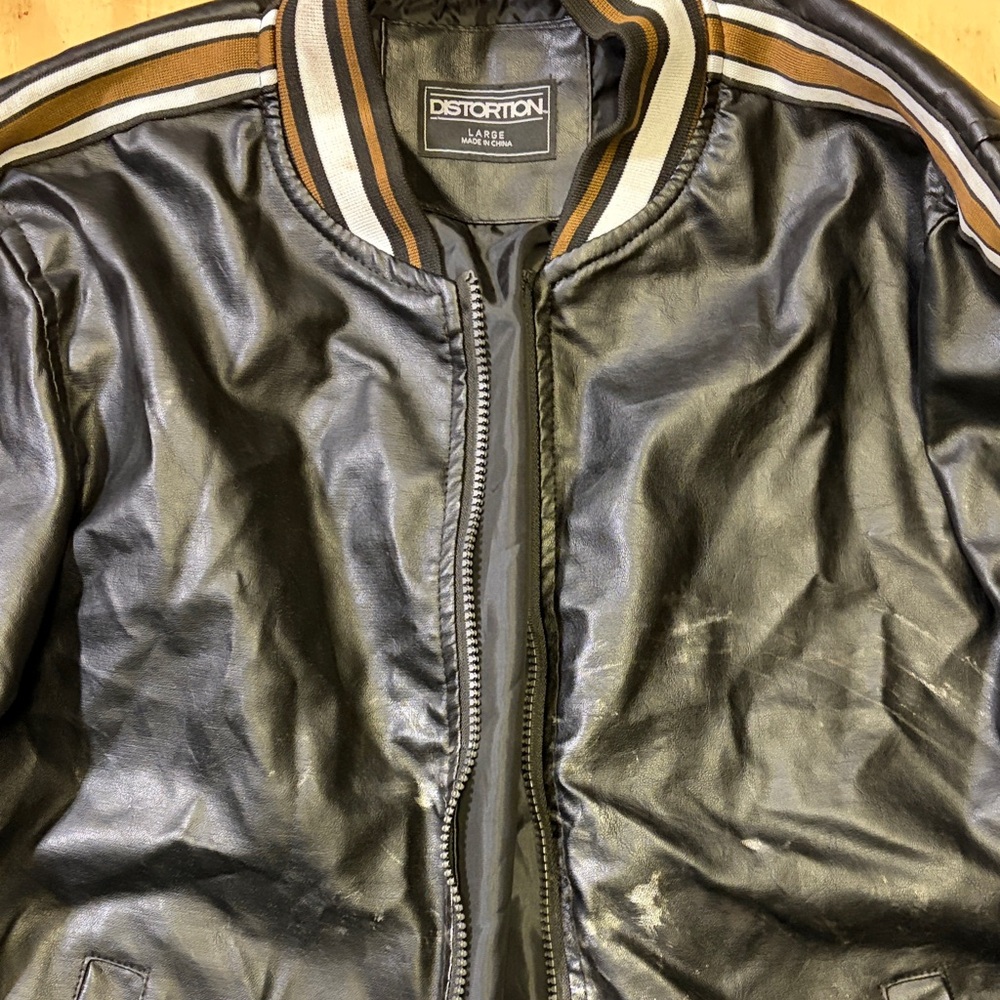 Distortion Leather Bomber Jacket in Black with Brown Stripes
